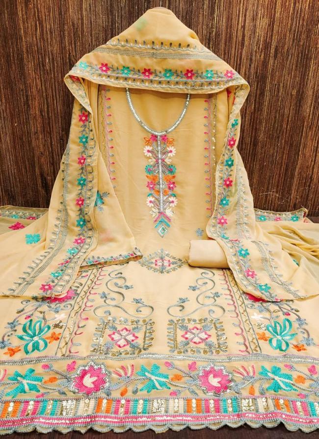 Georgette Beige Casual Wear Embroidery Work Dress Material